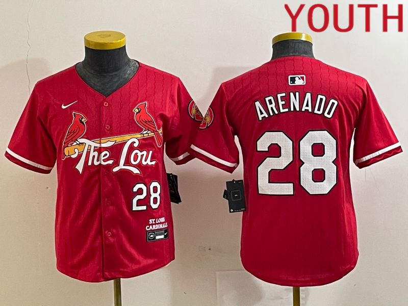 Youth St.Louis Cardinals #28 Arenado Red City Edition 2024 Nike MLB Jersey style 1